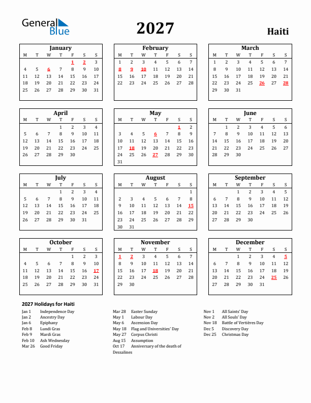 2027 Haiti Holiday Calendar - Monday Start