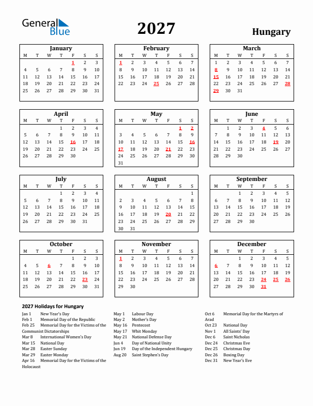 2027 Hungary Holiday Calendar - Monday Start