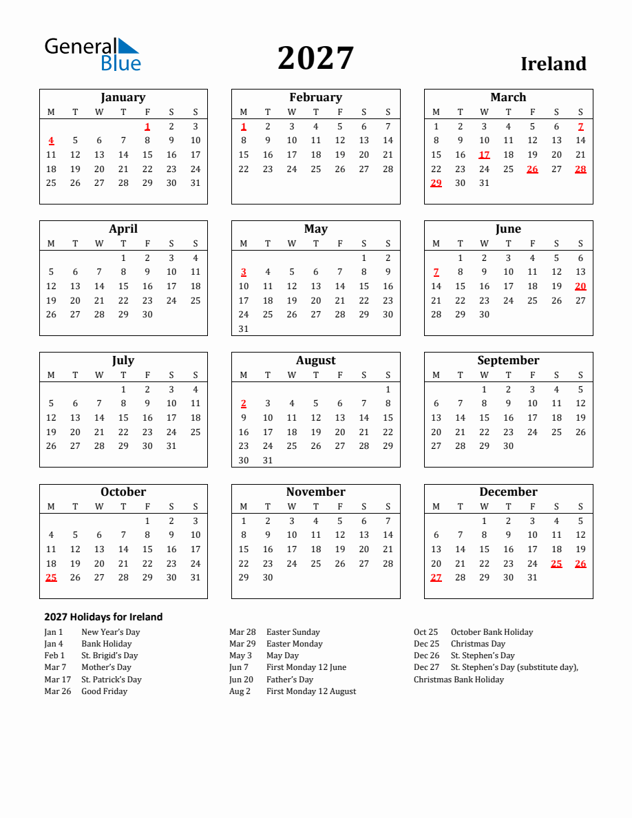Free Printable 2027 Ireland Holiday Calendar