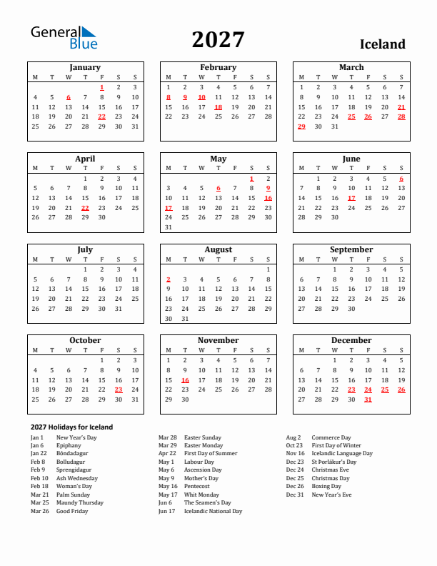 2027 Iceland Holiday Calendar - Monday Start