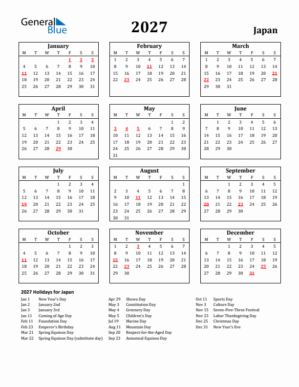 2027 Japan Holiday Calendar - Monday Start