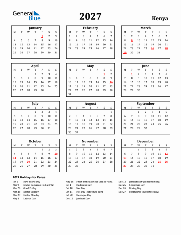 2027 Kenya Holiday Calendar - Monday Start