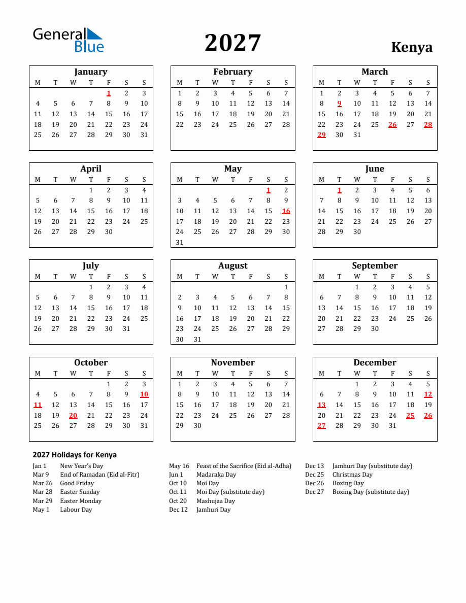 Free Printable 2027 Kenya Holiday Calendar