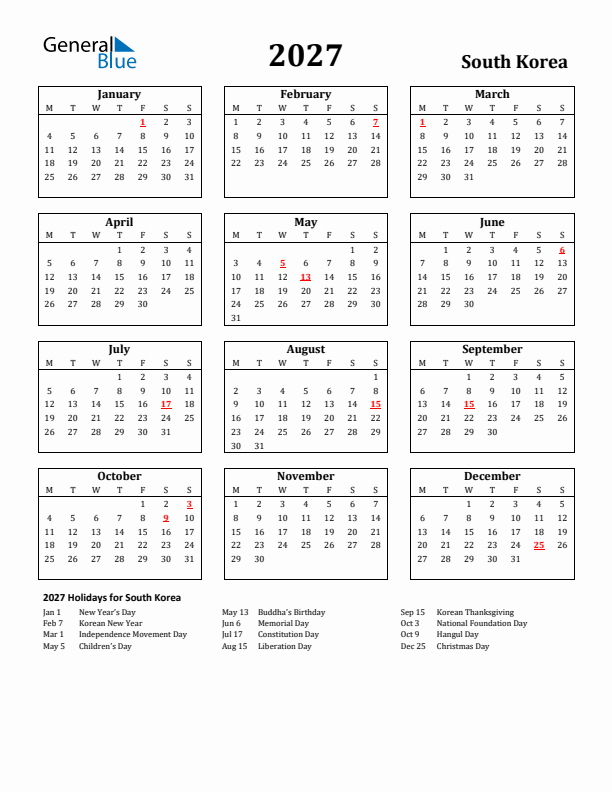 2027 South Korea Holiday Calendar - Monday Start