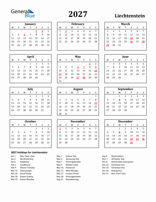 2027 Liechtenstein Holiday Calendar - Monday Start