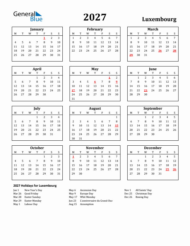 2027 Luxembourg Holiday Calendar - Monday Start