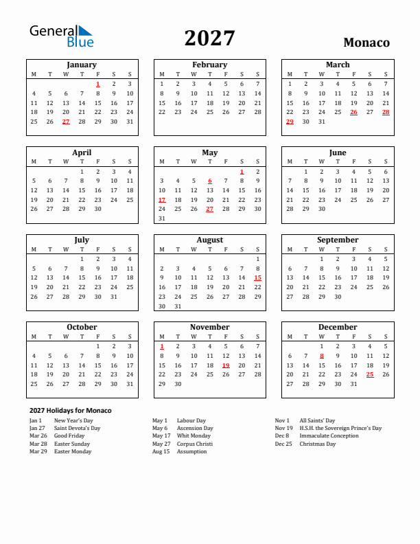 2027 Monaco Holiday Calendar - Monday Start