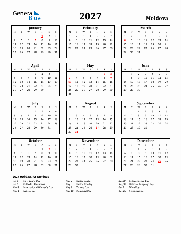 2027 Moldova Holiday Calendar - Monday Start