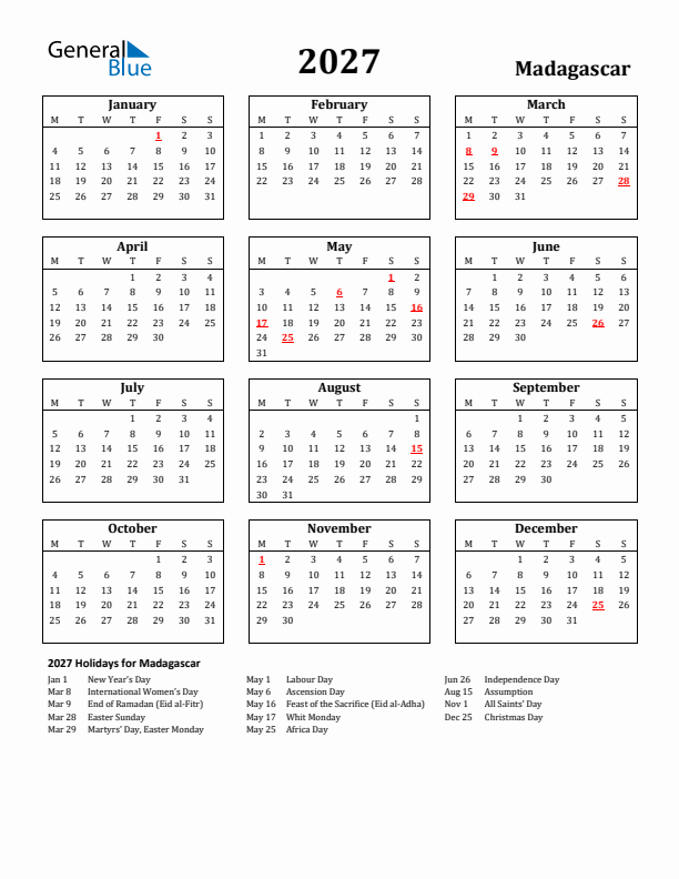 2027 Madagascar Holiday Calendar - Monday Start