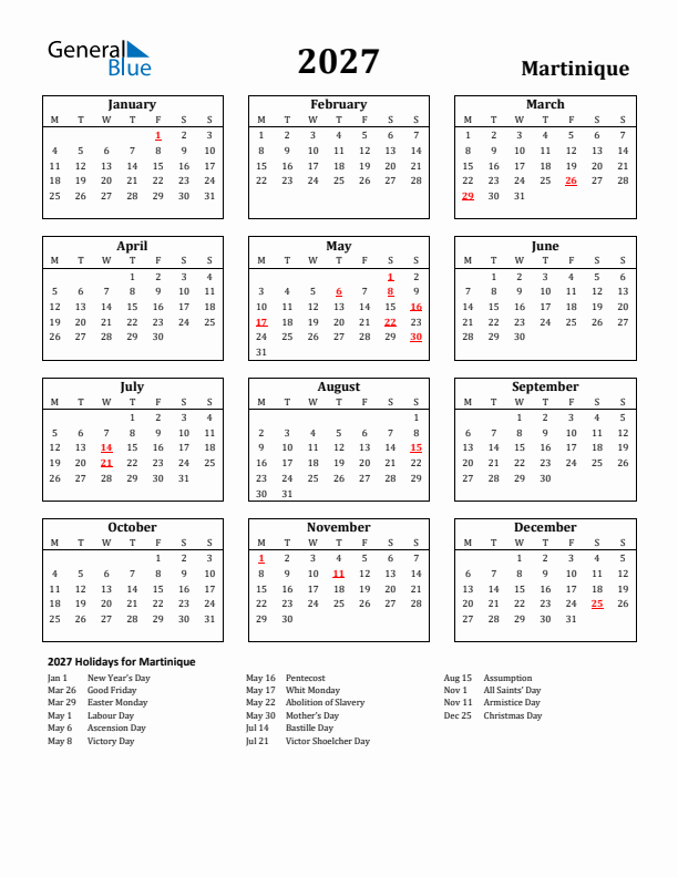2027 Martinique Holiday Calendar - Monday Start