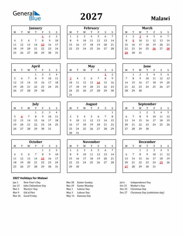 2027 Malawi Holiday Calendar - Monday Start