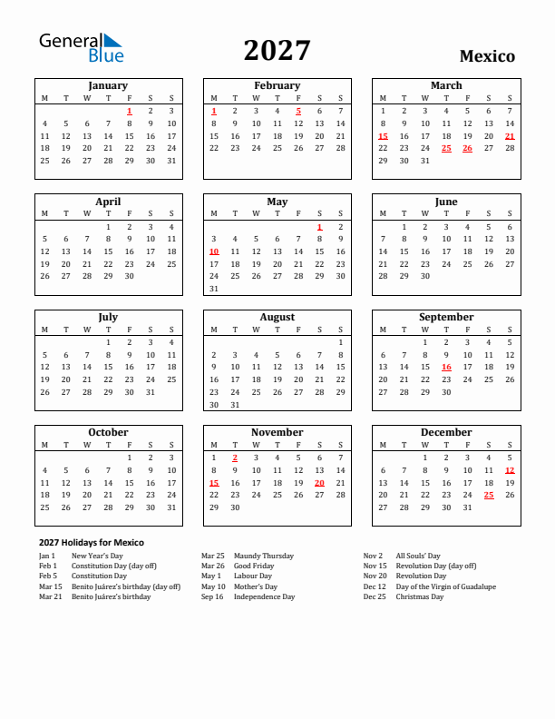 2027 Mexico Holiday Calendar - Monday Start