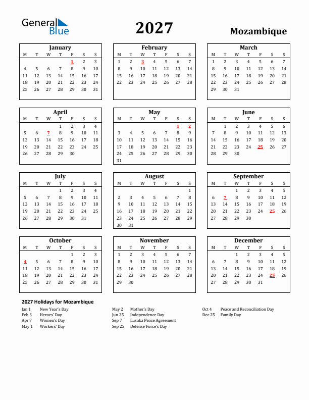 2027 Mozambique Holiday Calendar - Monday Start