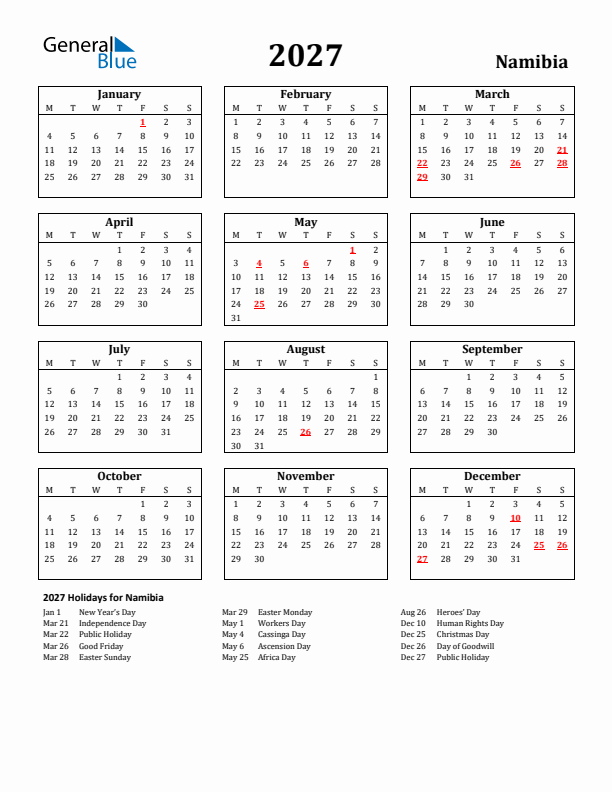 2027 Namibia Holiday Calendar - Monday Start
