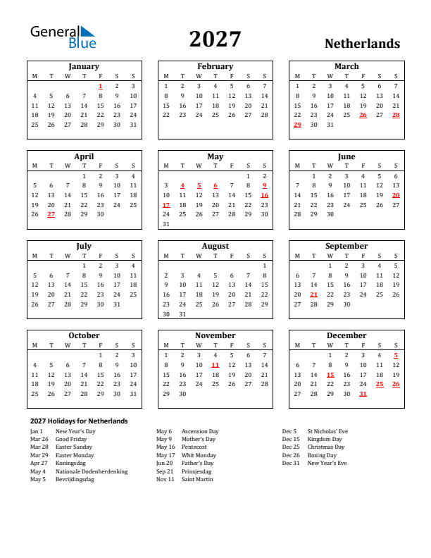 2027 The Netherlands Holiday Calendar - Monday Start