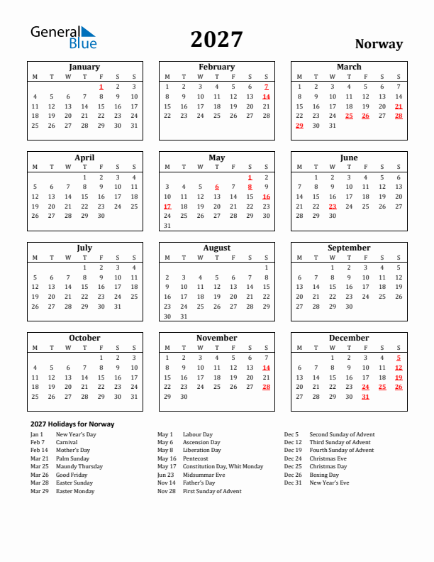 2027 Norway Holiday Calendar - Monday Start
