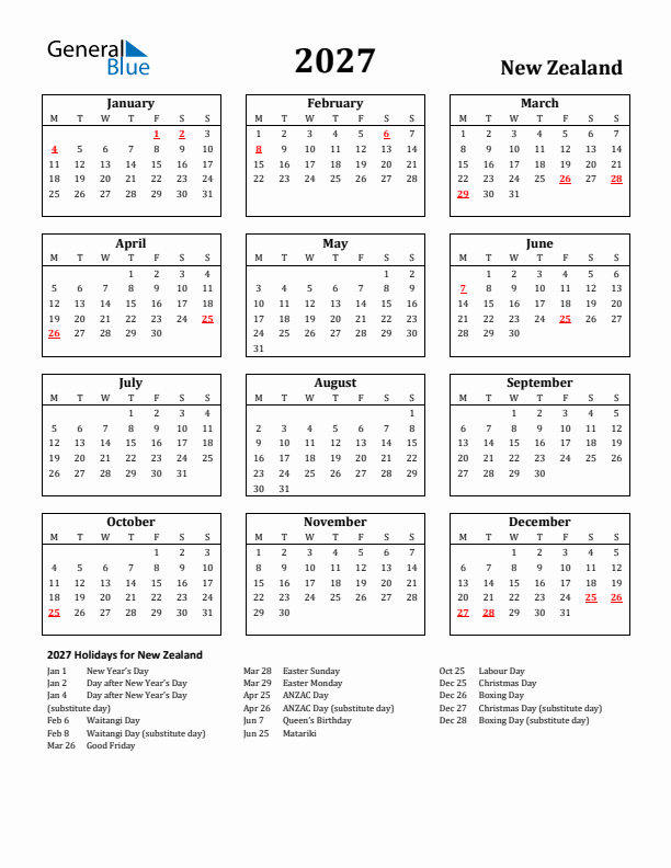 2027 New Zealand Holiday Calendar - Monday Start