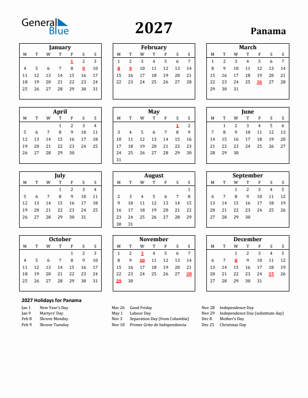2027 Panama Holiday Calendar - Monday Start