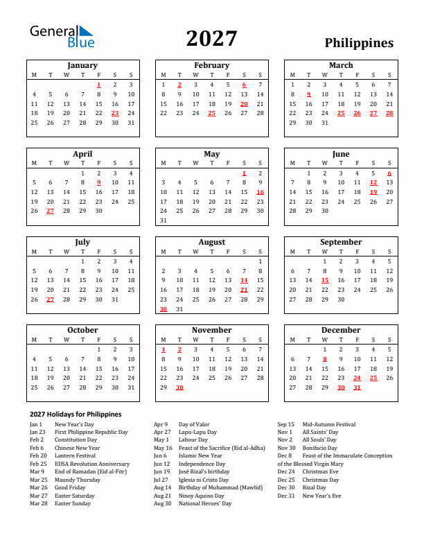 2027 Philippines Holiday Calendar - Monday Start