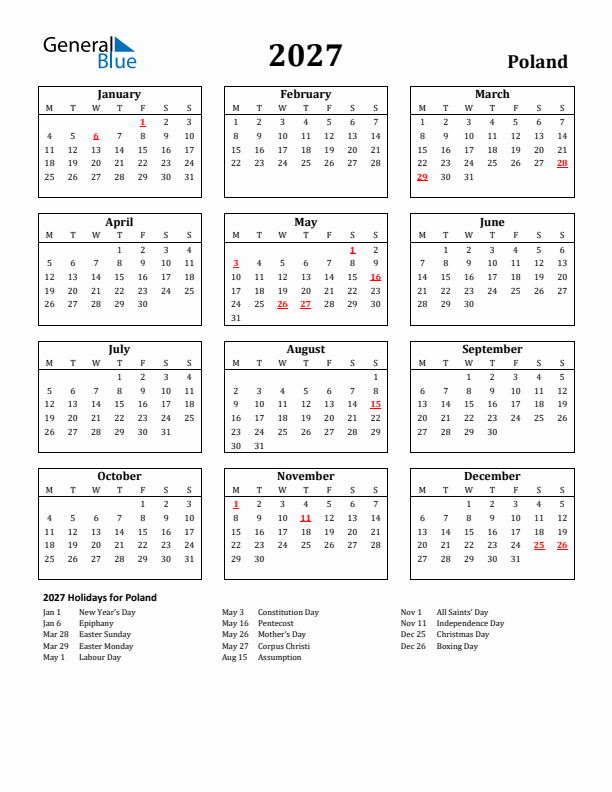 2027 Poland Holiday Calendar - Monday Start
