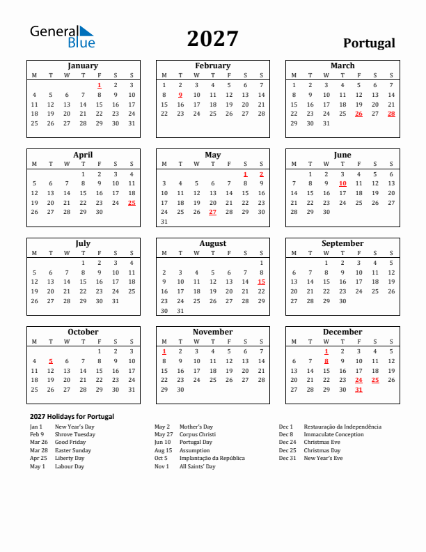 2027 Portugal Holiday Calendar - Monday Start