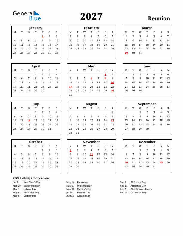 2027 Reunion Holiday Calendar - Monday Start