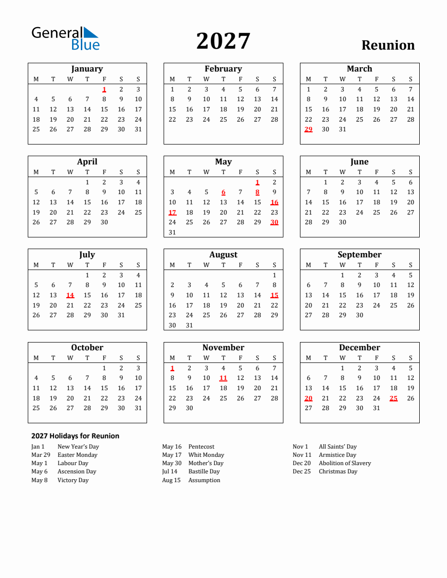 Free Printable 2027 Reunion Holiday Calendar