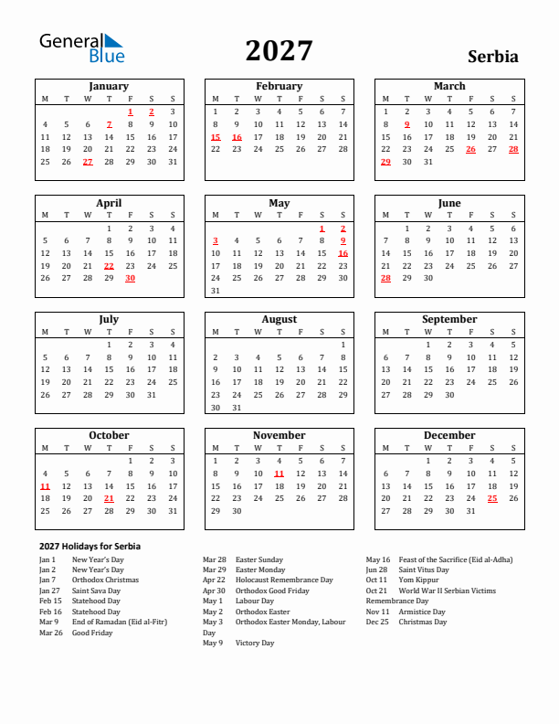 2027 Serbia Holiday Calendar - Monday Start