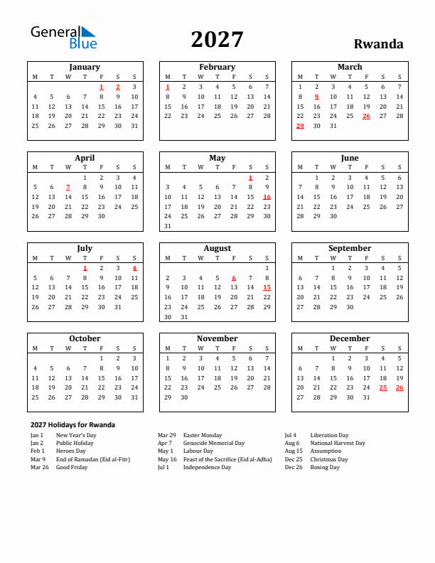 2027 Rwanda Holiday Calendar - Monday Start