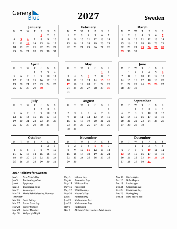 2027 Sweden Holiday Calendar - Monday Start
