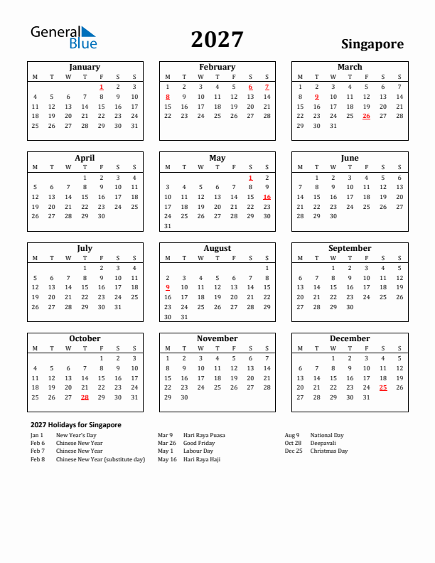 2027 Singapore Holiday Calendar - Monday Start