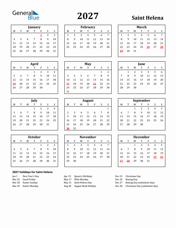2027 Saint Helena Holiday Calendar - Monday Start