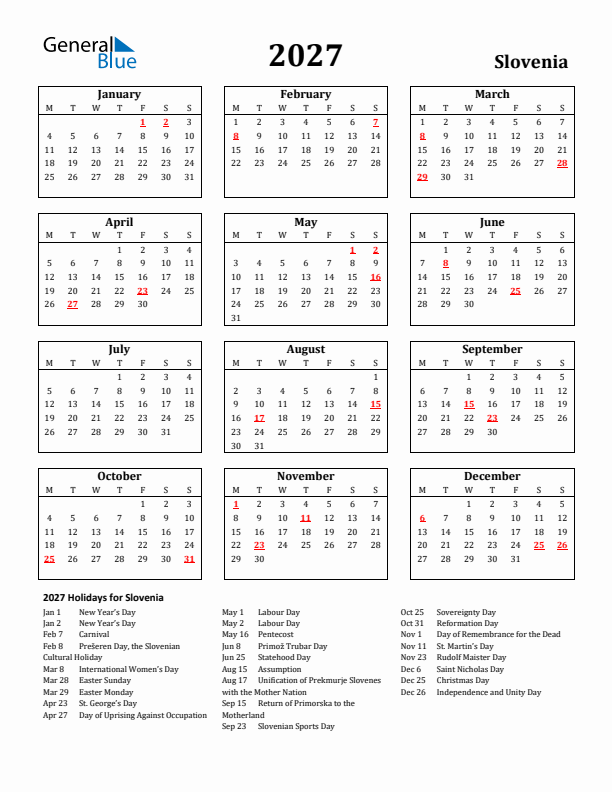 2027 Slovenia Holiday Calendar - Monday Start