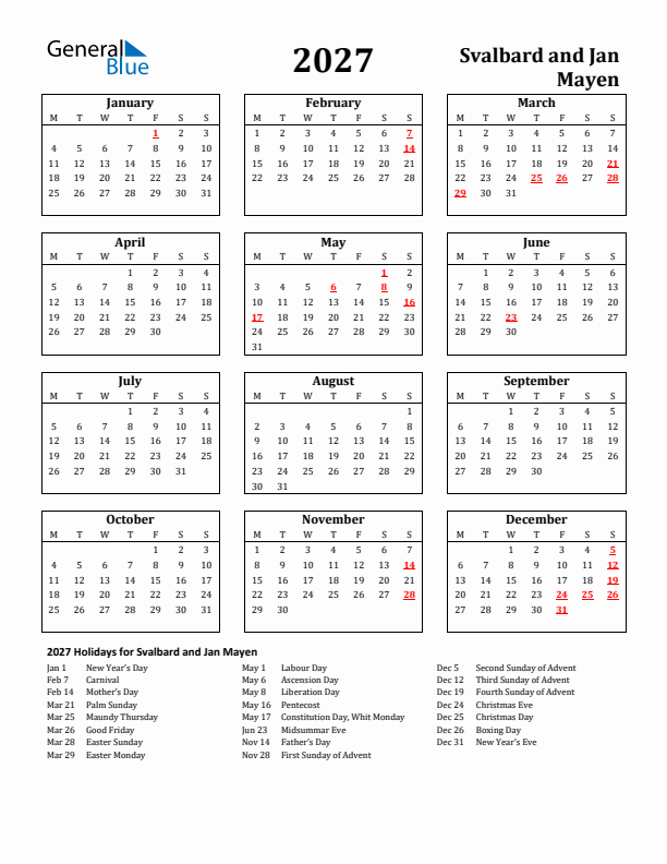 2027 Svalbard and Jan Mayen Holiday Calendar - Monday Start