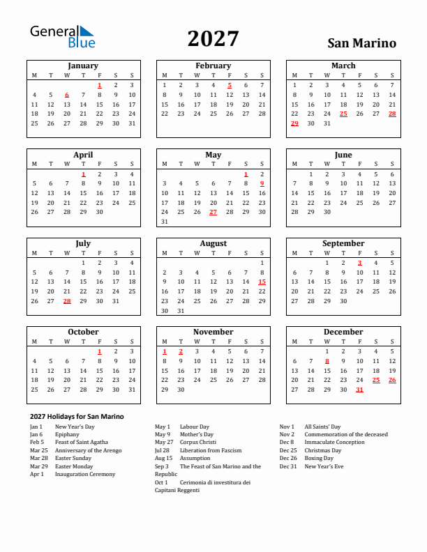 2027 San Marino Holiday Calendar - Monday Start