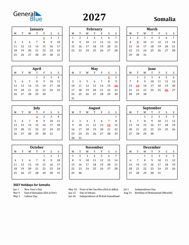2027 Somalia Holiday Calendar - Monday Start