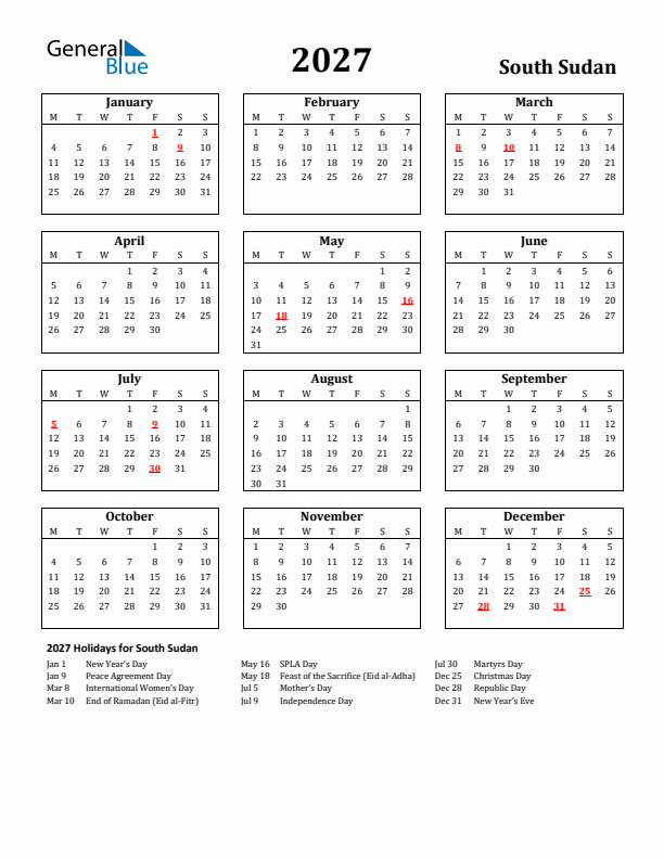 2027 South Sudan Holiday Calendar - Monday Start