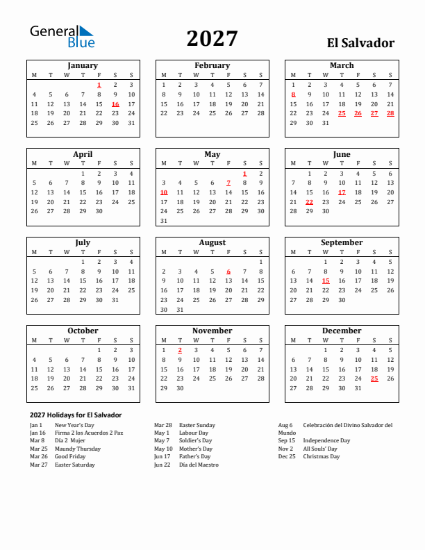 2027 El Salvador Holiday Calendar - Monday Start