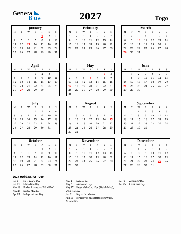2027 Togo Holiday Calendar - Monday Start