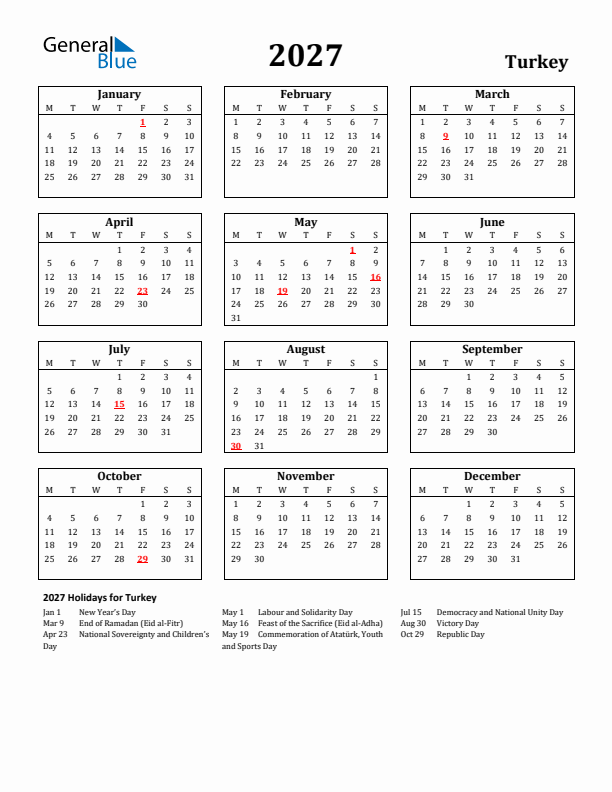 2027 Turkey Holiday Calendar - Monday Start