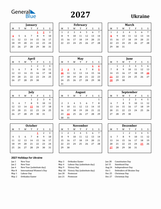 2027 Ukraine Holiday Calendar - Monday Start