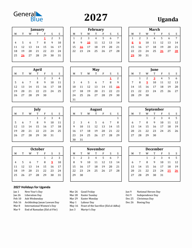 2027 Uganda Holiday Calendar - Monday Start