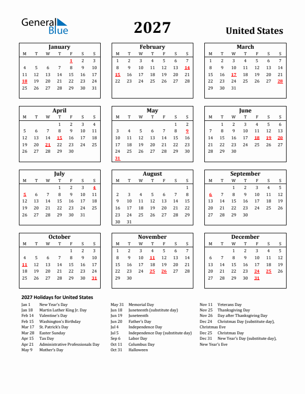 2027 United States Holiday Calendar - Monday Start