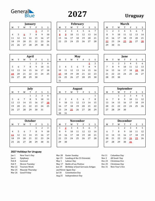 2027 Uruguay Holiday Calendar - Monday Start
