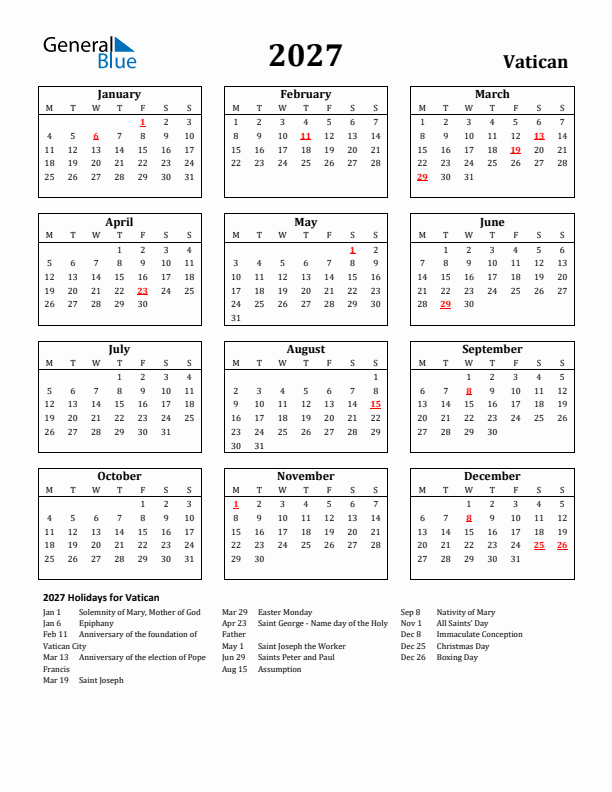 2027 Vatican Holiday Calendar - Monday Start