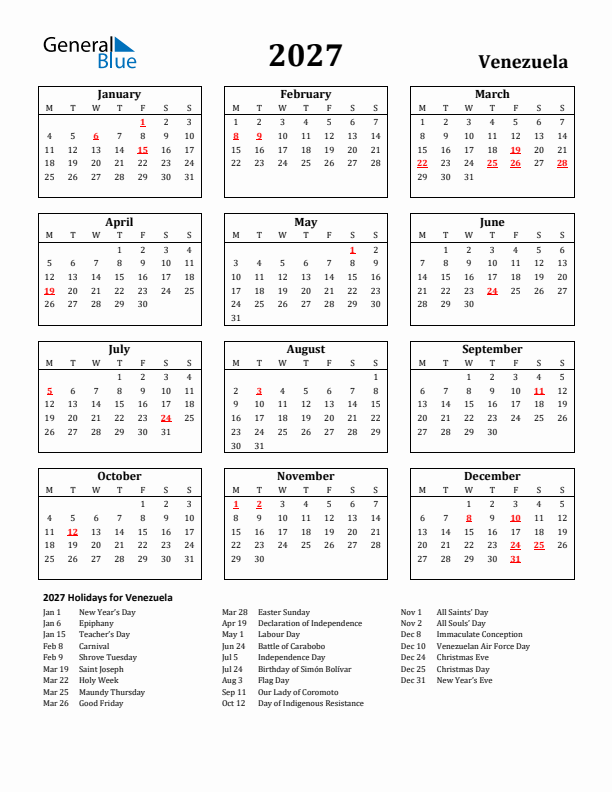 2027 Venezuela Holiday Calendar - Monday Start