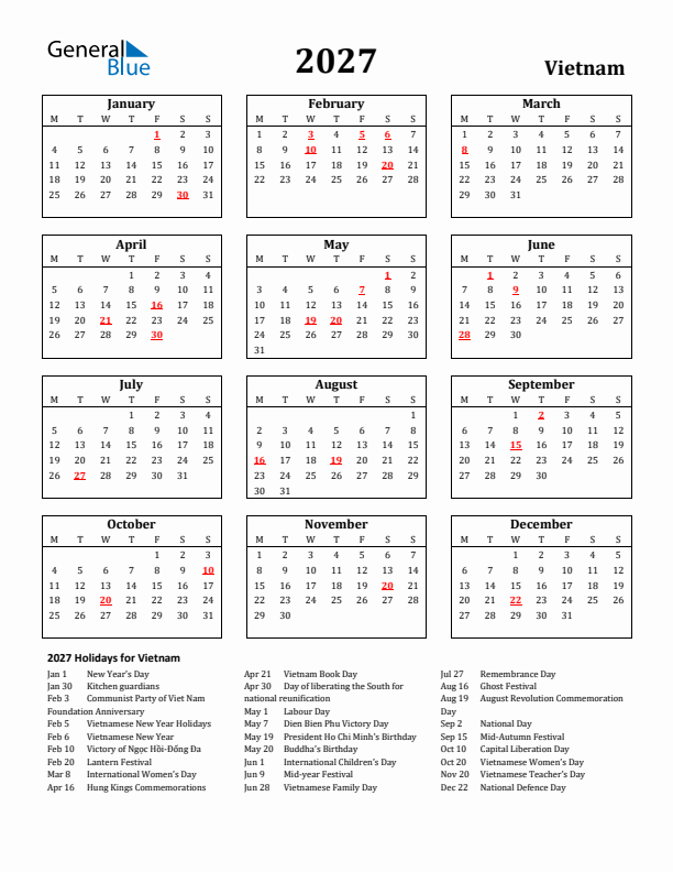 2027 Vietnam Holiday Calendar - Monday Start