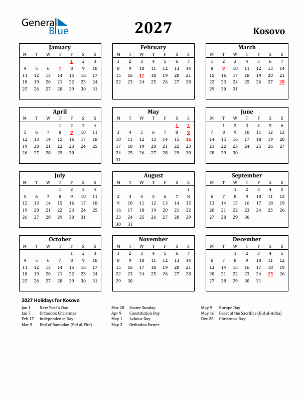 2027 Kosovo Holiday Calendar - Monday Start