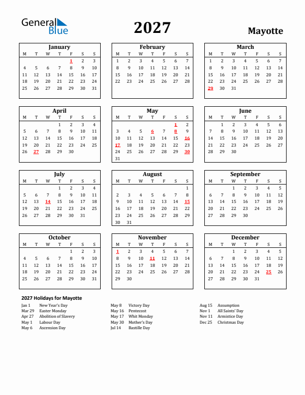 2027 Mayotte Holiday Calendar - Monday Start