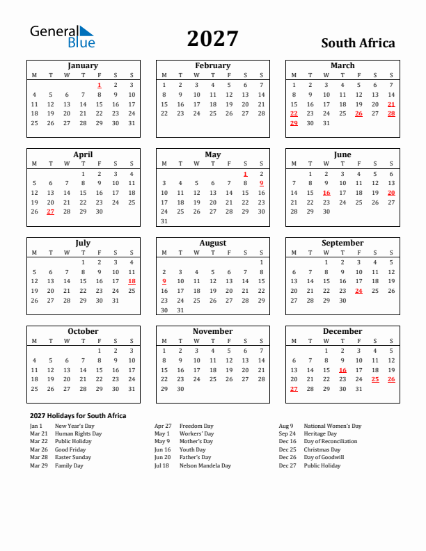 2027 South Africa Holiday Calendar - Monday Start